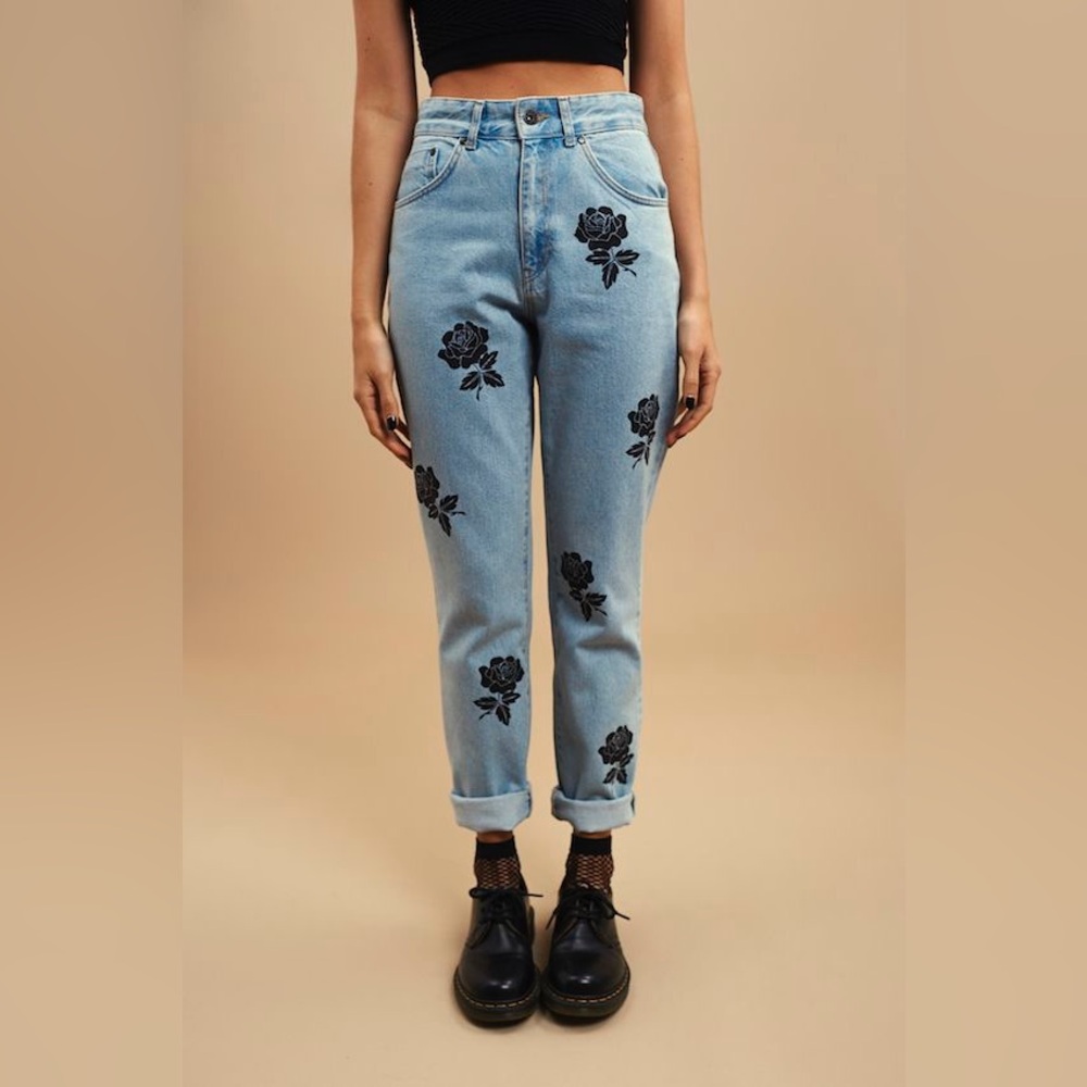 The Ragged Priest high waist black rose straight leg jeans